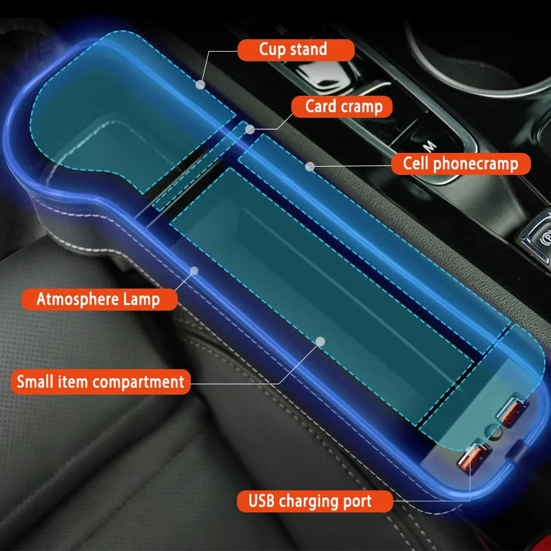 Porte-gobelet de remplissage d'espace de siège de voiture 7 couleurs changeantes LED boîte de rangement de fente de voiture avec chargeur 2 USB accessoires de voiture 