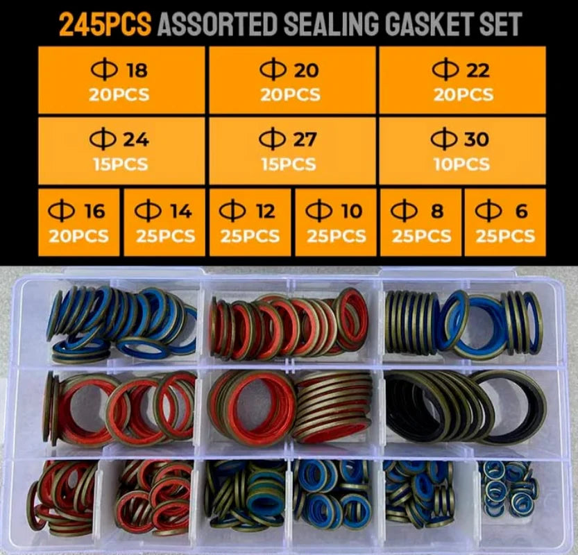 100/245pcs Sealing Gasket Set Oil Drain Combined Washer Seal Set M6 M8 M10 M12 M14 M16 M18 M20 M22 M24 M27 M30 - ToolFlx