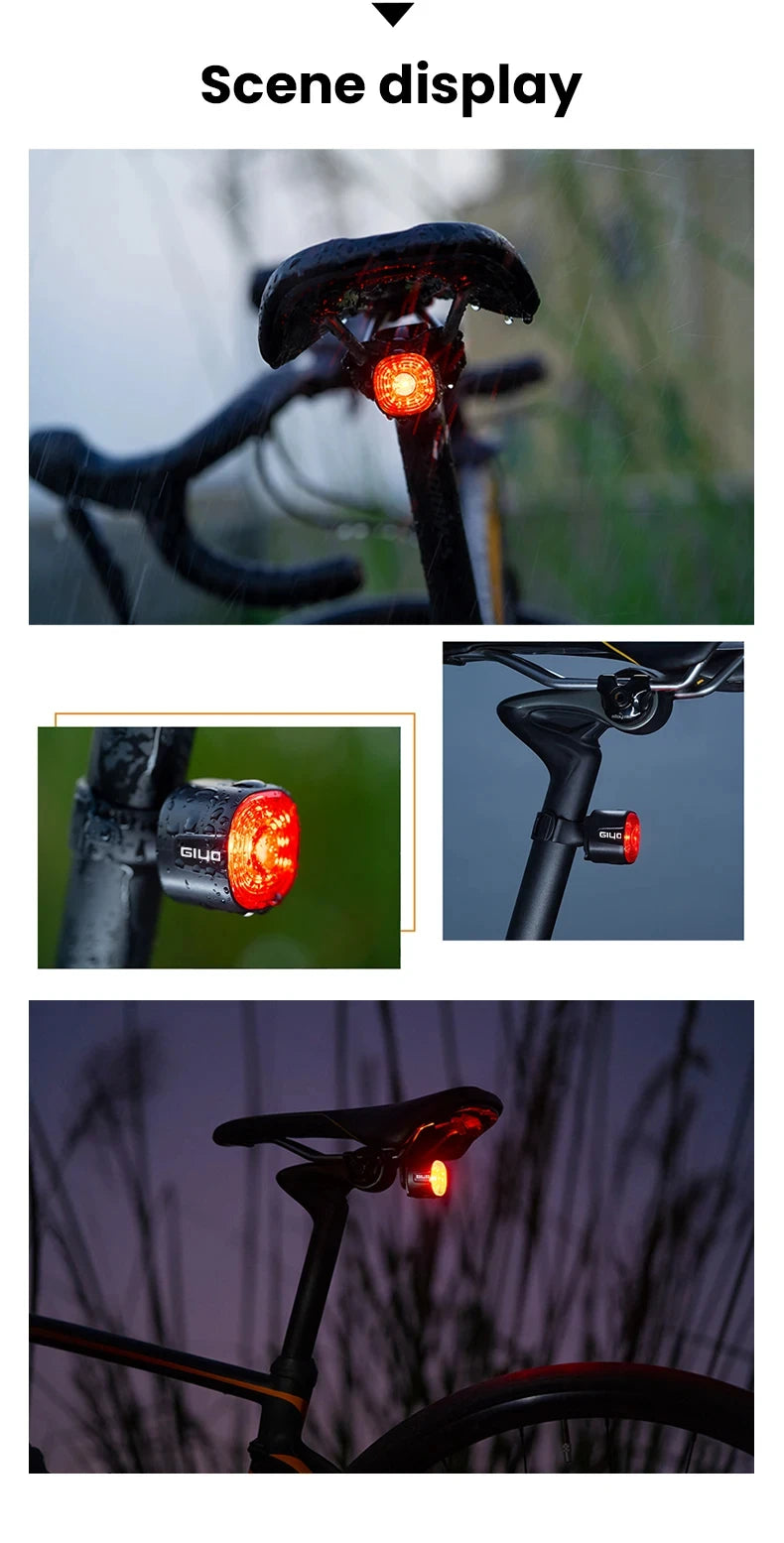 GIYO Intelligentes Fahrradbremsrücklicht IP66 Wasserdicht 6 Leuchtmodi Hohe Helligkeit Fahrradrücklicht LED-Rücklicht USB-Aufladung 