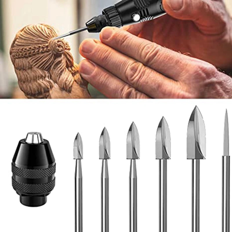 GTBL 7Pc Wood Carving Tools,1/8Inch Shank HSS Engraving Drill Tool Wood Crafts Accessories With 4486 Chuck For Dremel Tool