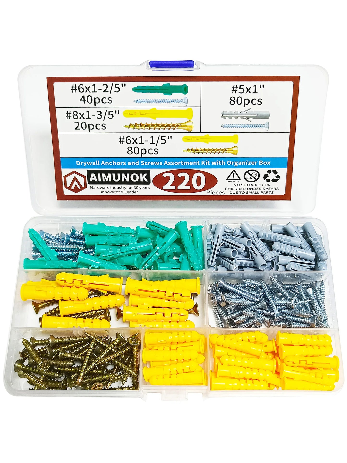 220pcs Drywall Anchors and Screws Assortment kit with Organizer Box Fasteners Tools #8x1-3/5'' #8x1-3/5'' #5x1''cessories