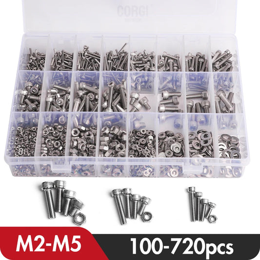 100-720 Pcs Hex Socket Head Cap Machine Screws Kit M2 M2.5 M3 M4 M5 Stainless Steel Allen Bolts Nuts Assortment Set with Wrench