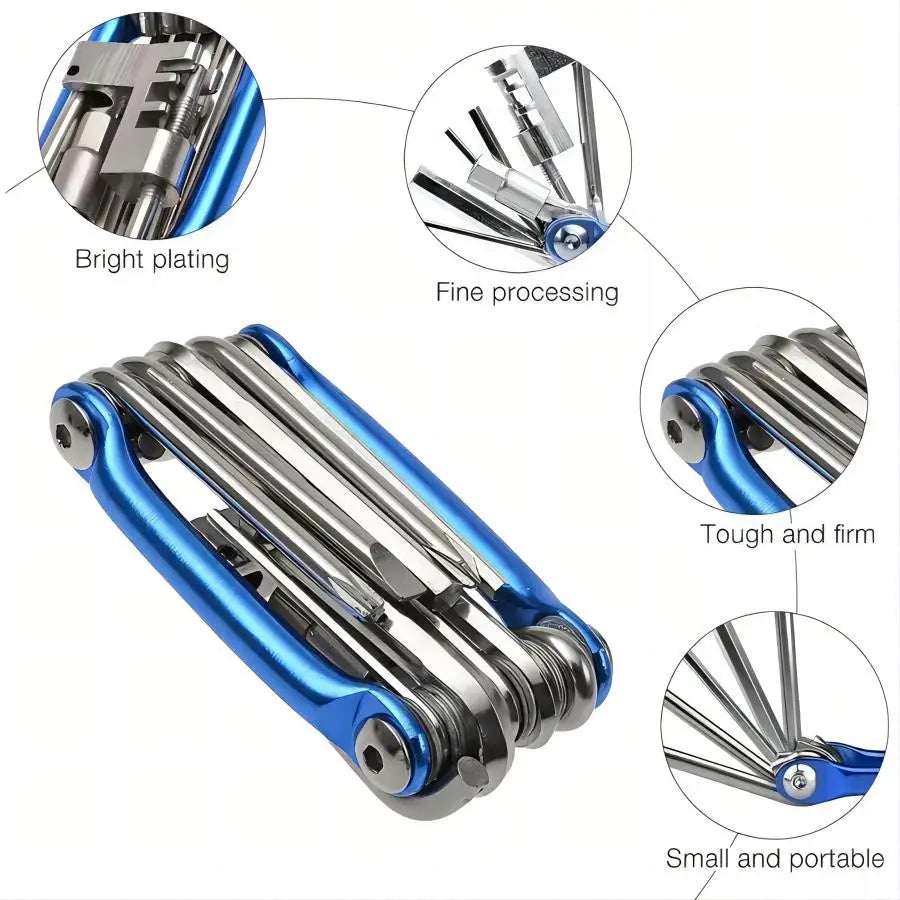 Kit d'outils multifonctions 11 en 1 pour vélo - Clé à outils légère en acier inoxydable, tournevis, chaîne, rayon de roue hexagonal 