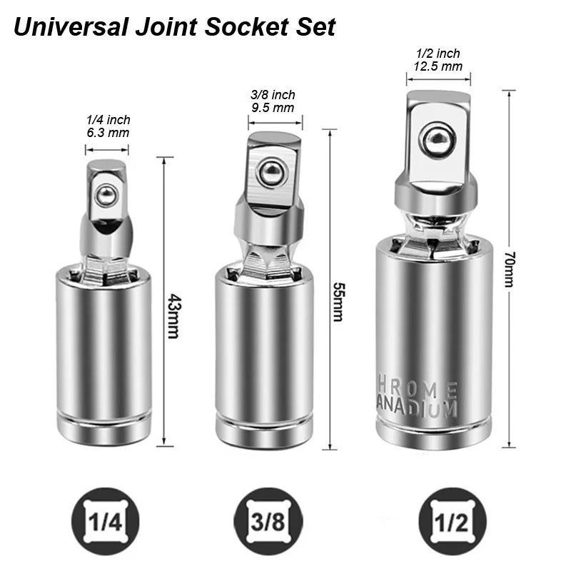 Universal Joint Swivel Socket Adapter Square U-Joint Drive Converter 1/4 3/8 1/2 Head Chrome Vanadium Steel Car Repair Auto Tool