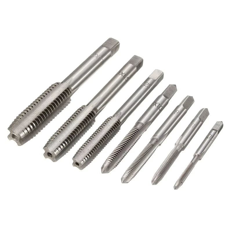 7Pcs M3-M12 HSS Metric Right Hand Machine Straight Fluted Screw Thread Tap Set Metric Plug Tap Drill Bits Set Hand Tools