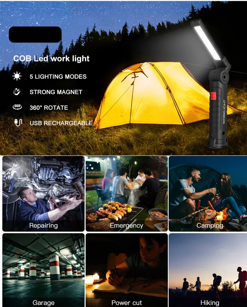 Neue tragbare COB-LED-Taschenlampe, wiederaufladbar über USB, Arbeitslicht, magnetische Lanterna, Hängelampe mit eingebautem Akku, Camping-Taschenlampe 