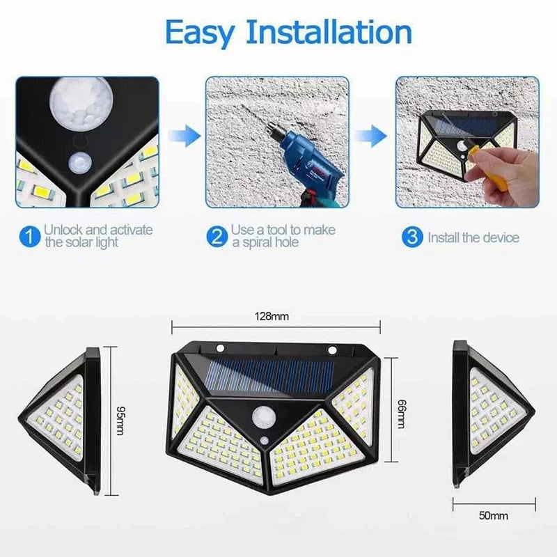 1~12PCS 100 LED Solar Wall Lamp 4 Sides Luminous With Motion Sensor Outdoor Garden Courtyard Waterproof Wall Light