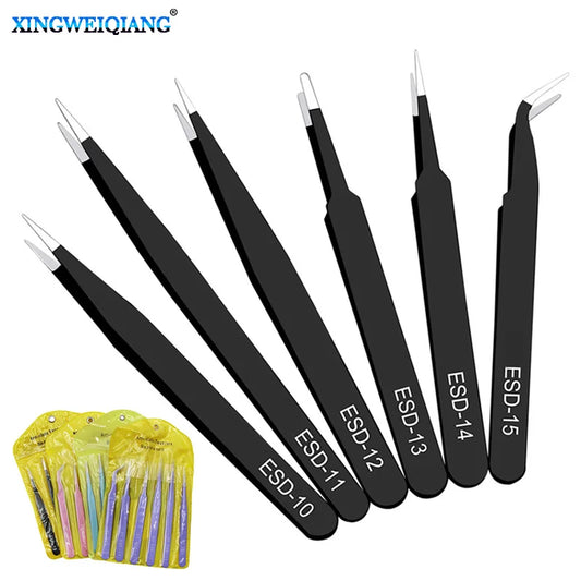 6PCs ESD Anti-Static Stainless Steel Tweezers Precision Maintenance Industrial Repair Curved Tool Home Working Model Making Hand