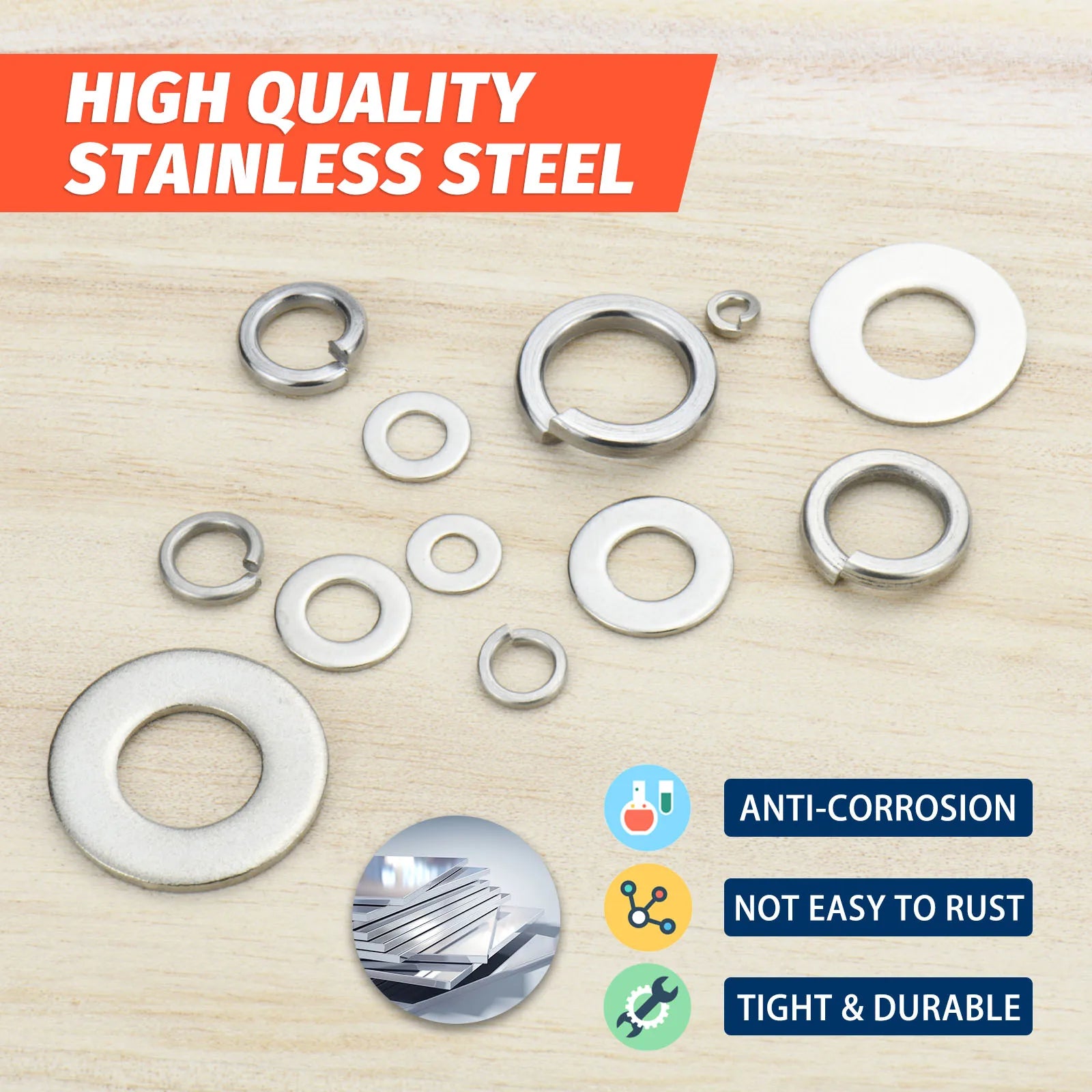 260pcs Lock and Flat Washer Assortment Kit Stainless Steel M3 M4 M5 M6 M8 M10 Spring Lock Washers and Flat Washers Set - ToolFlx