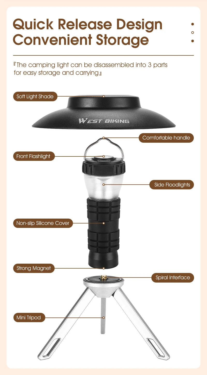 WEST BIKING Lampe de camping portable 3 en 1 multifonctionnelle pour l'extérieur, lampe de poche LED, chargement USB, lampe d'urgence, lampe de tente suspendue 