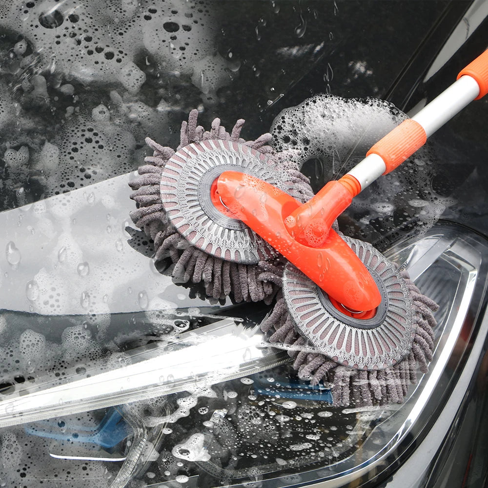 Rotating Double Brush Head Car Wash Mop Auto Supplies Three-Section Telescopic Mop Roof Window Cleaning Maintenance Accessories