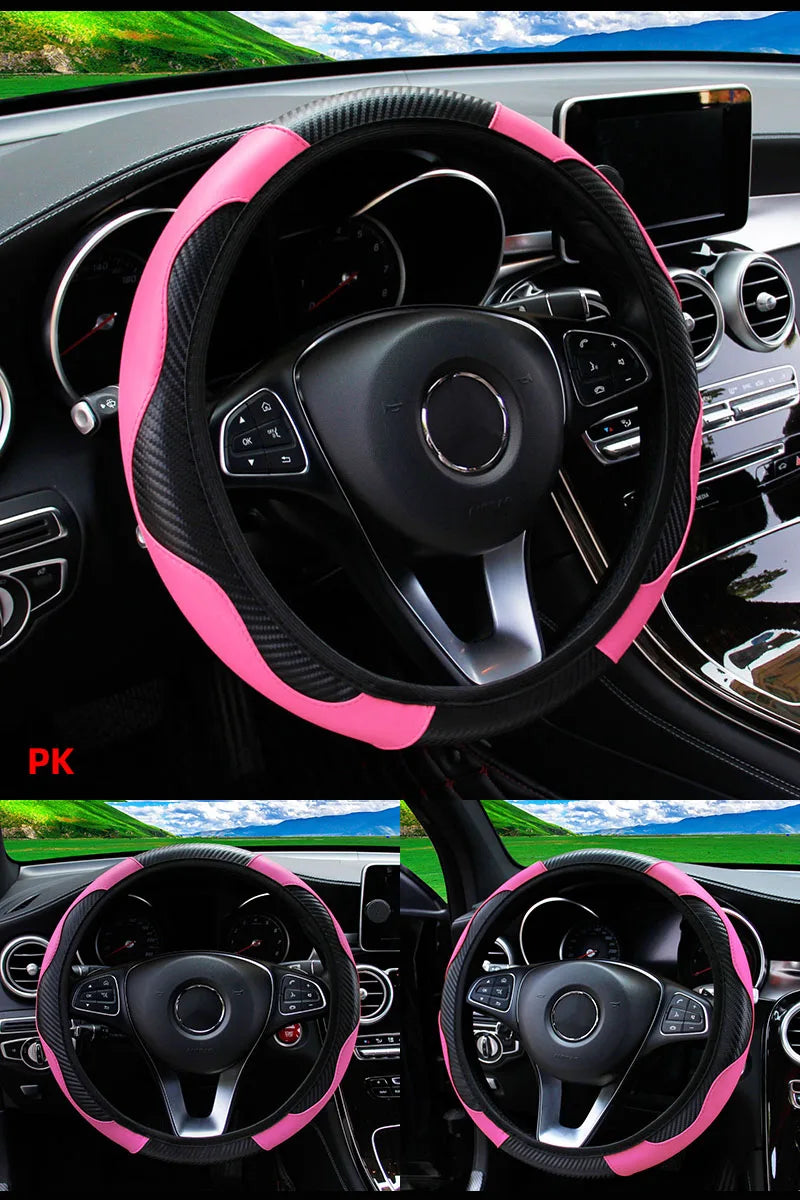 Car Steering Wheel Cover Breathable Anti Slip PU Leather Steering Covers Suitable 37-38.5cm Auto Decoration Carbon Fiber