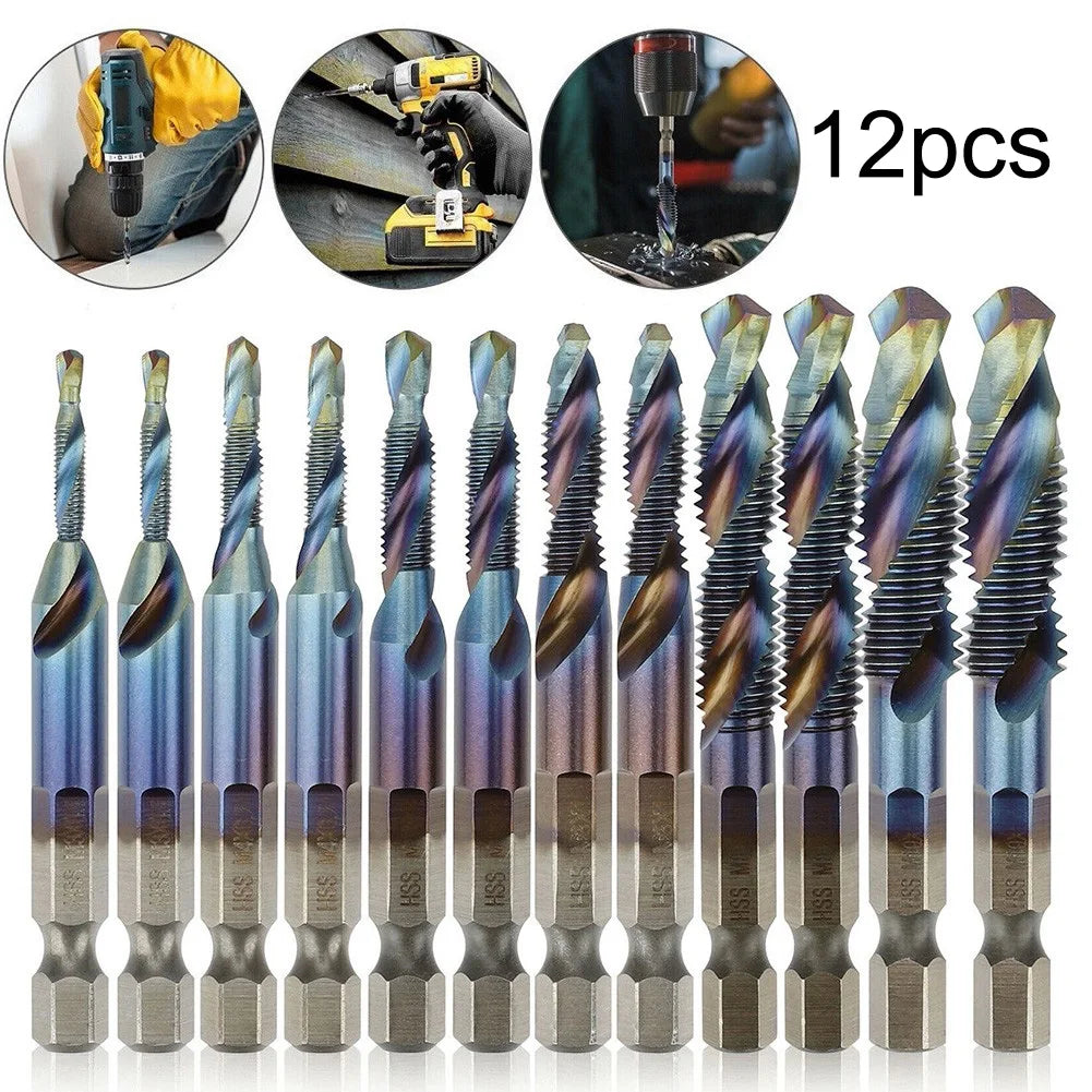 12Pcs HSS 1/4" Hex Shank Titanium Coated Screw Thread Metric Tap Drill Bits Set M5 M6 M8 M10 Combination Bit Hand Tools