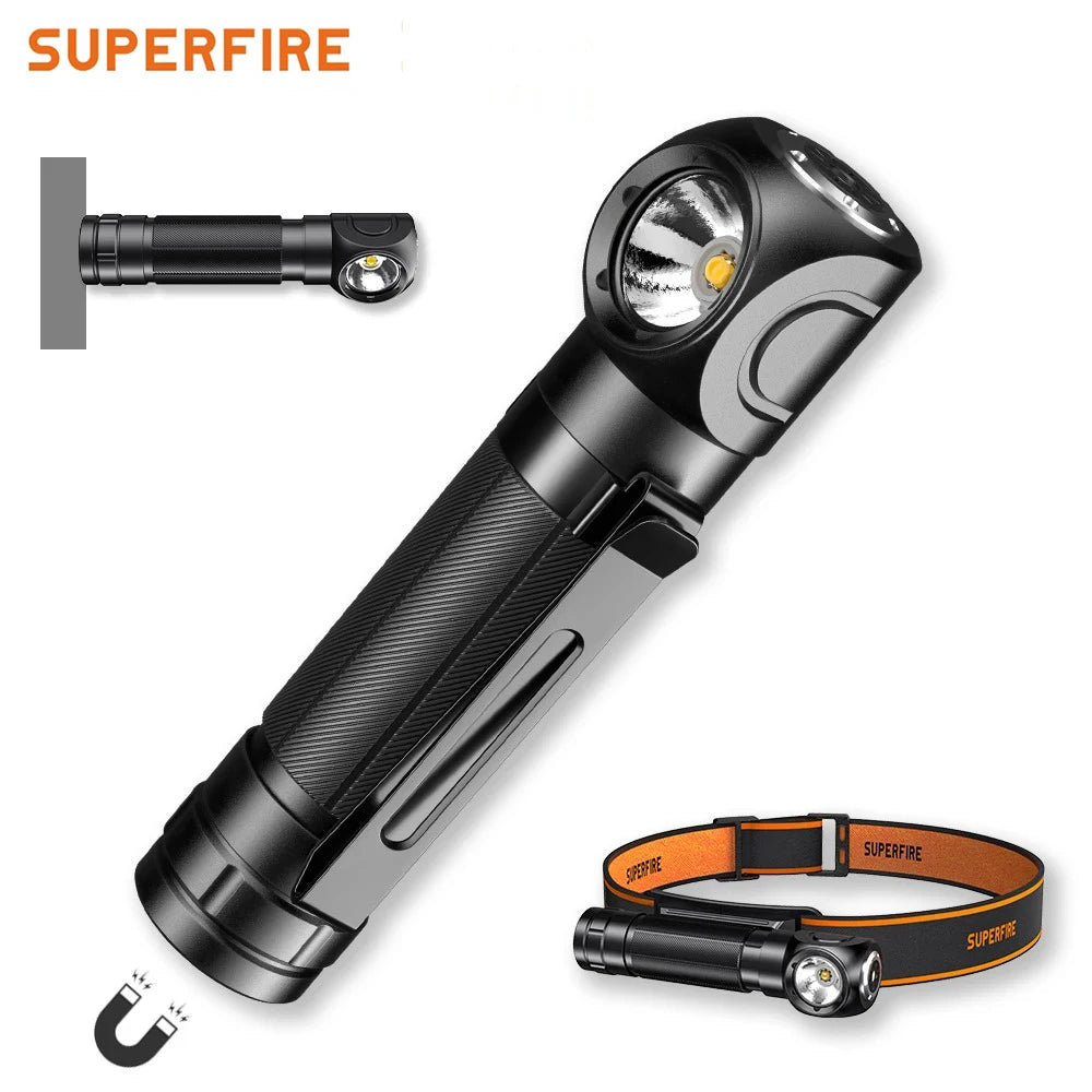 Neue SUPERFIRE TH04 LED-Stirnlampe Typ C, wiederaufladbar, 90°-Scheinwerfer, 18650-Taschenlampe mit Blinker, Magnetrückteil, Stirn-Blitzlicht 