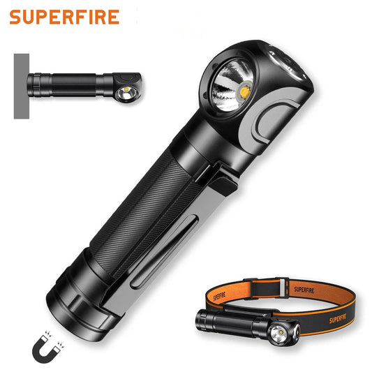 Nouvelle lampe frontale à LED SUPERFIRE TH04 Type C rechargeable à 90 ° Lampe frontale 18650 avec indicateur magnétique arrière, lampe de poche frontale 