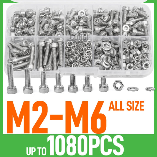 M2 M2.5 M3 M4 M5 M6 Hex Socket Head Cap Set Allen Screw Kit 126-1080P DIN912 304 Stainless Steel Screw Nut Bolt Assortment Set