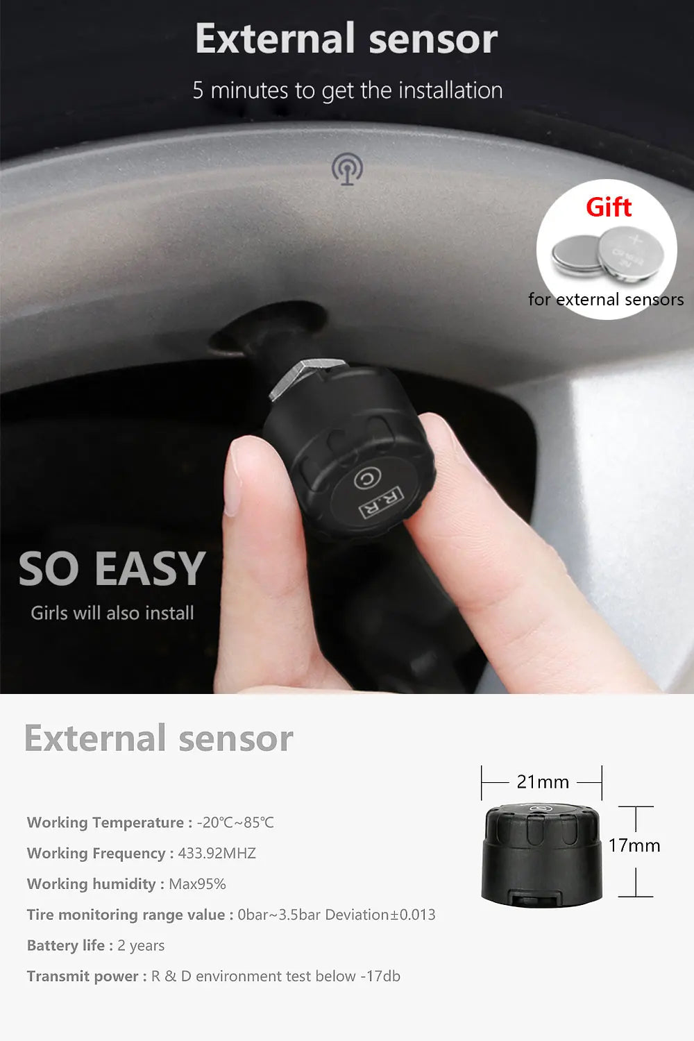 Solar TPMS Sensor Auto Reifendruck Überwachung System Reifen Druck Externe Sensoren für 4 Rad TMPS 