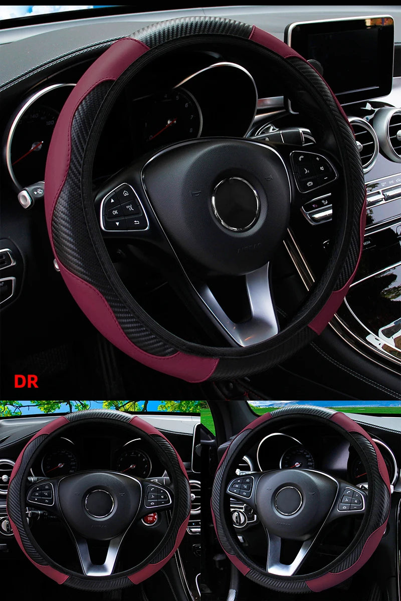 Car Steering Wheel Cover Breathable Anti Slip PU Leather Steering Covers Suitable 37-38.5cm Auto Decoration Carbon Fiber