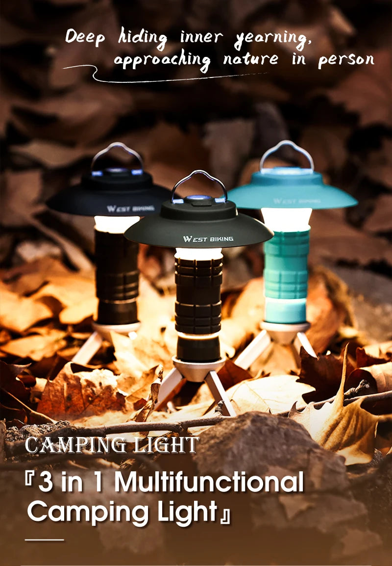 WEST BIKING Lampe de camping portable 3 en 1 multifonctionnelle pour l'extérieur, lampe de poche LED, chargement USB, lampe d'urgence, lampe de tente suspendue 