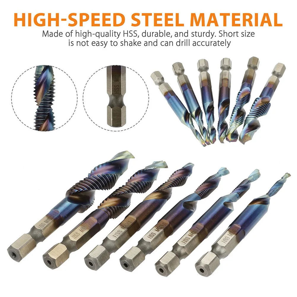 12Pcs HSS 1/4" Hex Shank Titanium Coated Screw Thread Metric Tap Drill Bits Set M5 M6 M8 M10 Combination Bit Hand Tools