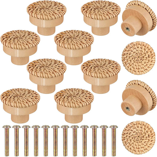 Rattan Wooden Drawer Knobs Round Handmade Cabinets Dresser Handles Wood Kitchen Cupboard Wardrobe Door Pulls for Furniture