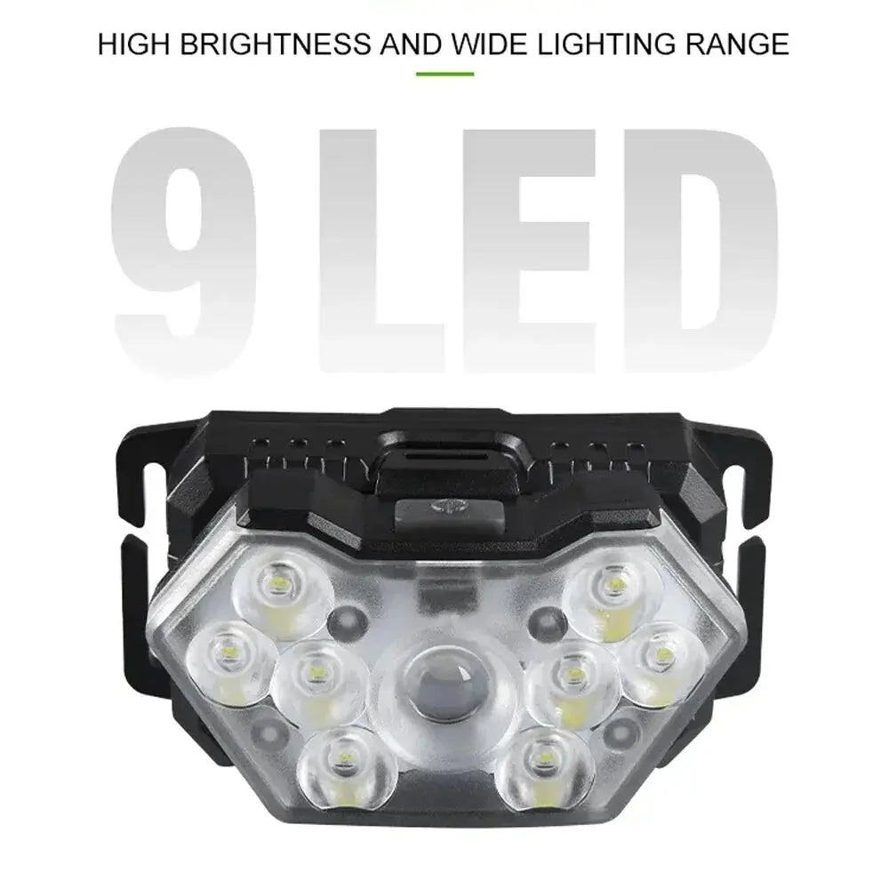 USB Rechageable Motion Sensor Headlight 9 Led Strong Light Headlamp Portable Fishing Camping Outdoor Head Lamp Work Flashlight