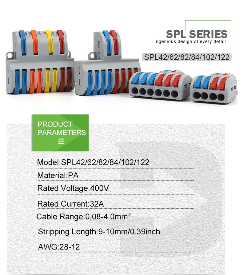 Quick Electrical Connectors Universal Compact Push-in Conductor SPL Splitter Wiring Cable Connector Butt Terminal Block AWG28-12