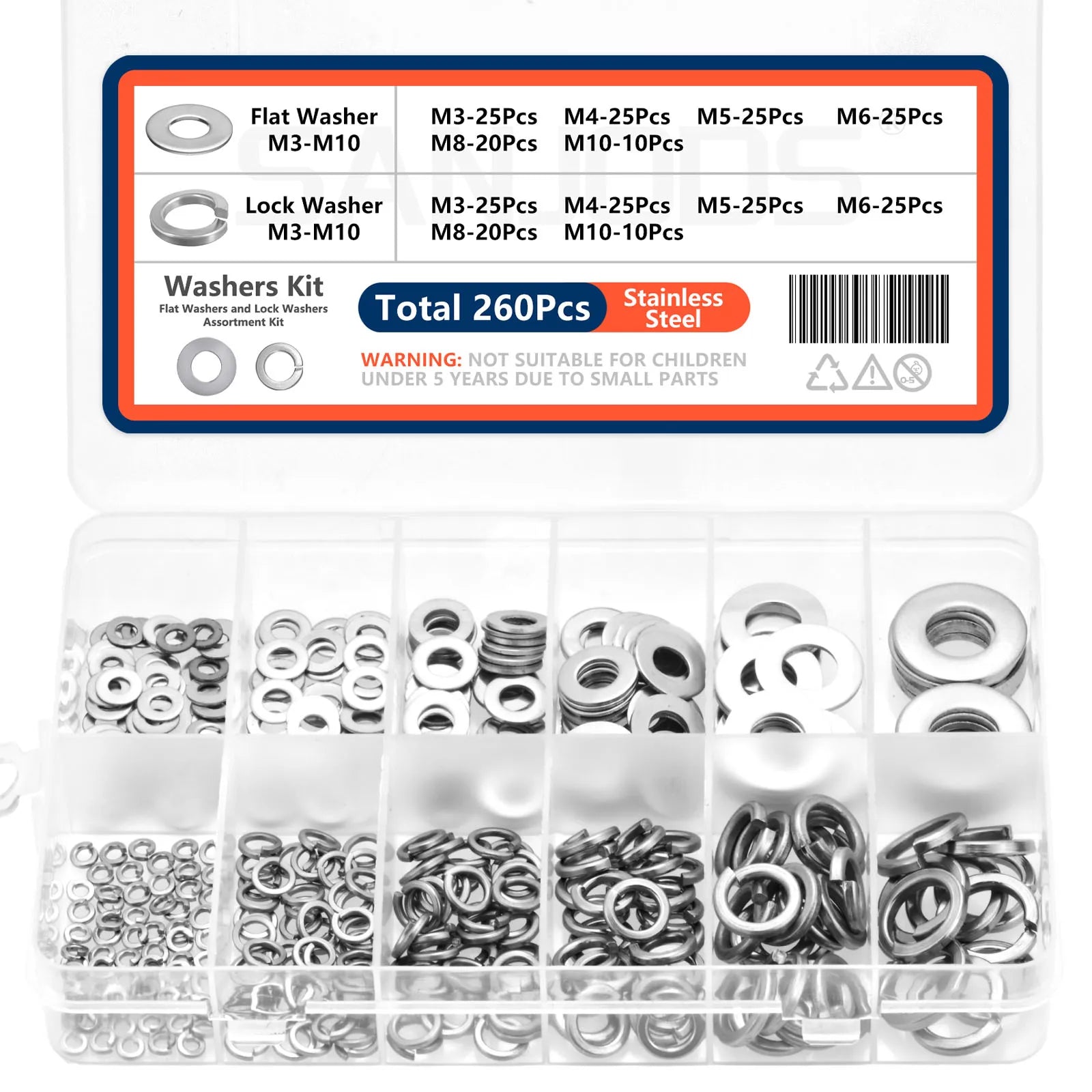 260pcs Lock and Flat Washer Assortment Kit Stainless Steel M3 M4 M5 M6 M8 M10 Spring Lock Washers and Flat Washers Set - ToolFlx