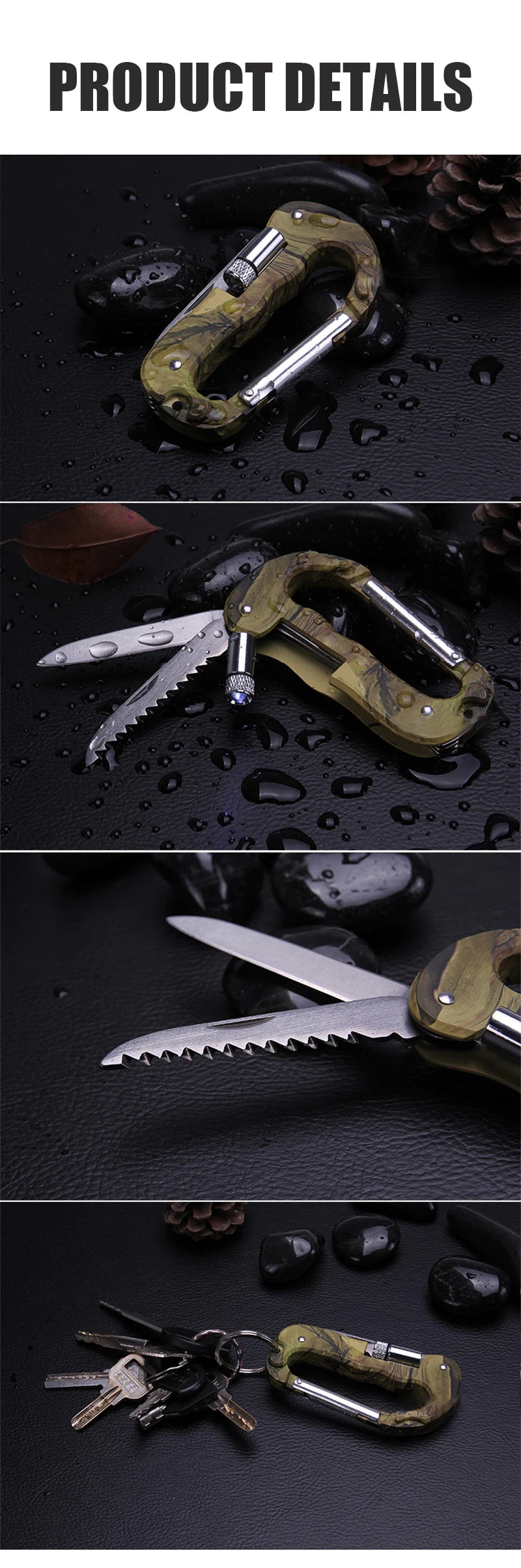 Outdoor Edc Multi Tool Tactical Camo Camping Climbing Carabiner Parachuting Hook Knife Led Mountaineering Buckle