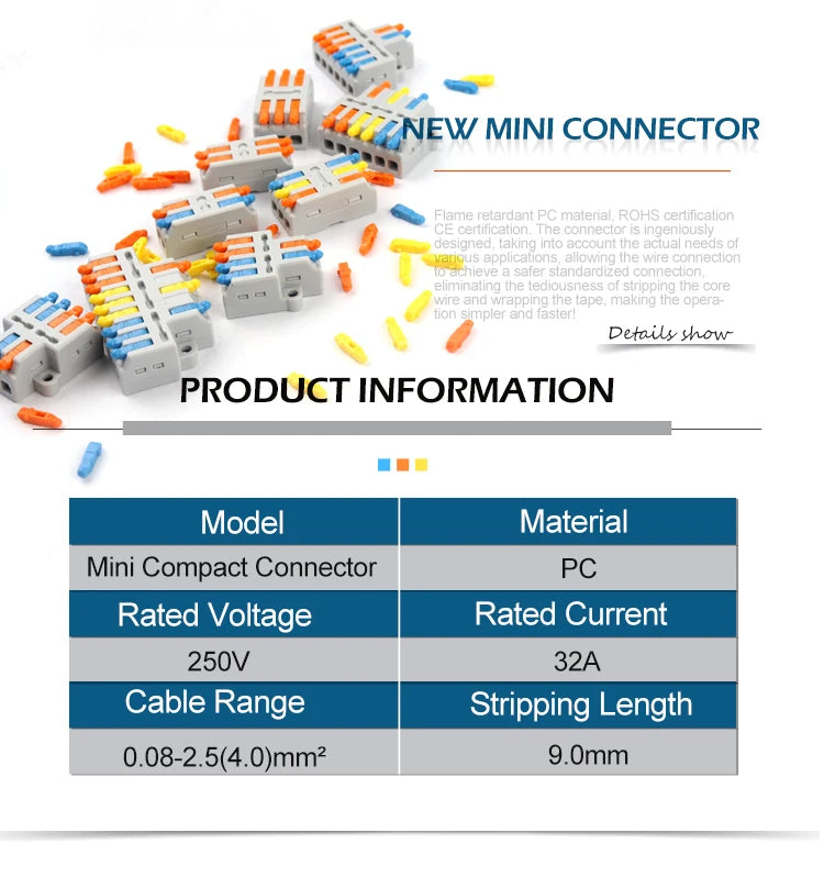 Mini Quick Wire Conductor Connector Universal Compact 2/3 Pin Splicing Push-inTerminal Block 1 in multiple out with fixing Hole