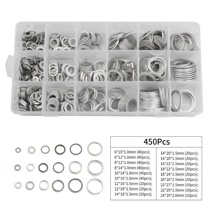 Hot Sale 200/280/450Pcs Aluminum Flat Gaskets Washers Assorted Gasket Metal Sealing Washer Assorted Aluminum Sealing Rings