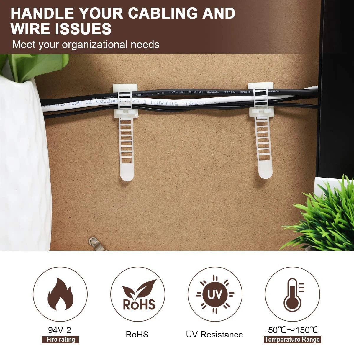 Adhesive Cable Ties Wire Management Clips Cable Organizer for Desk Wall Adjustable Cable Holder for Power Cord Mouse Headphone