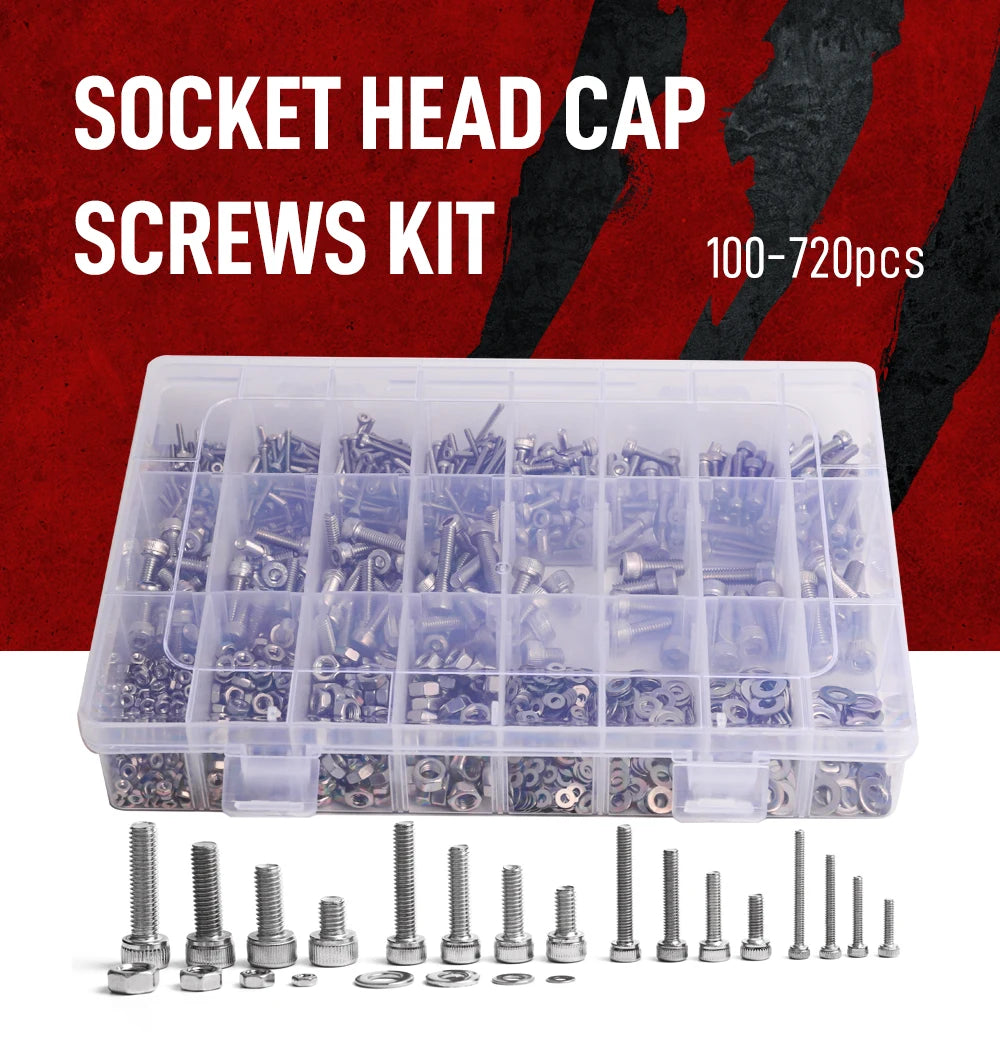 100-720 Pcs Hex Socket Head Cap Machine Screws Kit M2 M2.5 M3 M4 M5 Stainless Steel Allen Bolts Nuts Assortment Set with Wrench