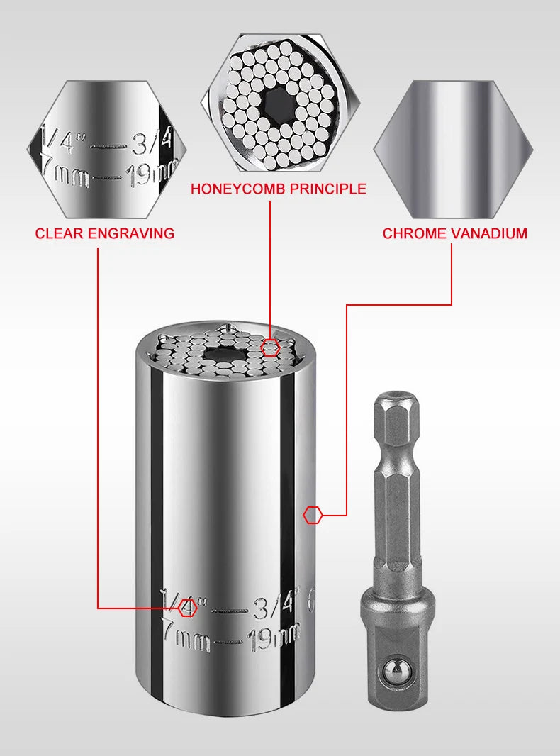 Multifunctional Silvery 7 to 19mm Magic Socket Multi Purpose Wrench Extension Rod Electric Hand Drill Screw Tool Set