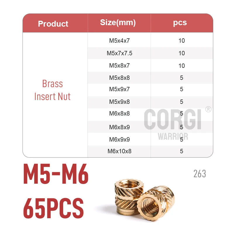 Brass Female Thread Knurled Inserts Nuts Kit M2/M2.5/M3/M4/M5/M6/M8 65-1080 3D Printing Hot Melt Threaded Embedment Insert Nut