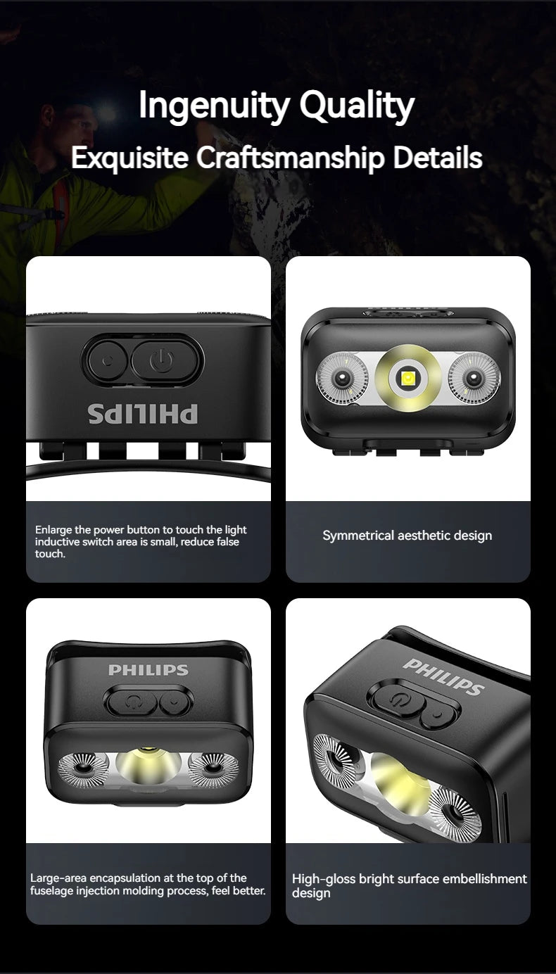 PHILIPS LED Headlamp Sensor Head Flashlight Ten Types of Lighting Type-C Rechargeable Headlight Outdoor Camping Fishing Lantern