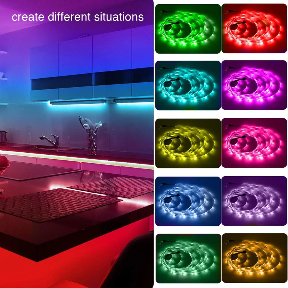 EU-Stecker LED-Lichtstreifen RGB 5050 Musiksynchronisation Farbwechsel APP-Steuerung DC 12V LED-Leuchten Flexibles Lampenband für TV-Hintergrundbeleuchtung 