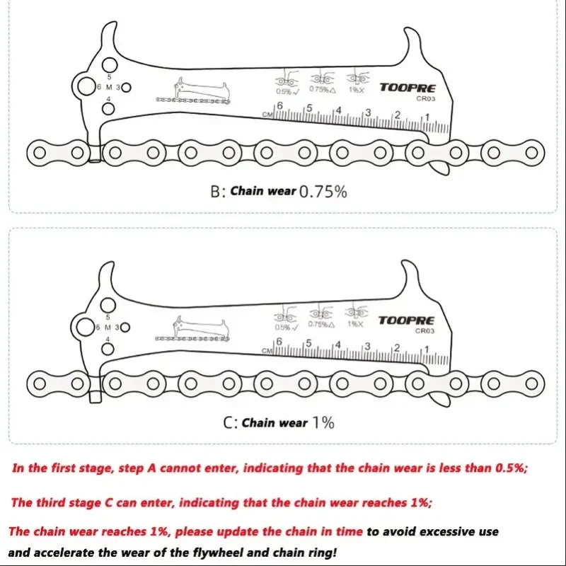Outil de réparation de règle d'indicateur d'usure de chaîne de vélo en acier inoxydable jauge de chaîne de vélo de route de montagne vérificateur de mesure diamètre de vis 