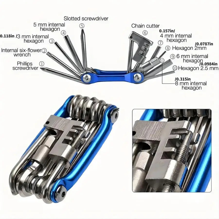 Kit d'outils multifonctions 11 en 1 pour vélo - Clé à outils légère en acier inoxydable, tournevis, chaîne, rayon de roue hexagonal 