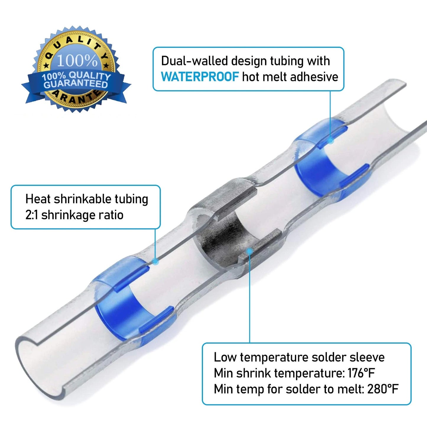 Lot de 50 à 1 000 connecteurs de fils à souder thermorétractables, connecteurs isolés bout à bout à souder, kit de connecteurs à souder pour automobile et marine 