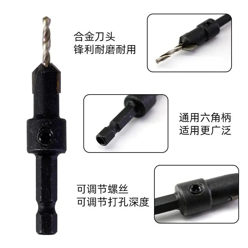 5PCS Woodworking Countersunk Head Drill And Chamfering One Piece Hexagonal Handle Countersunk Fried Dough Twist Drill