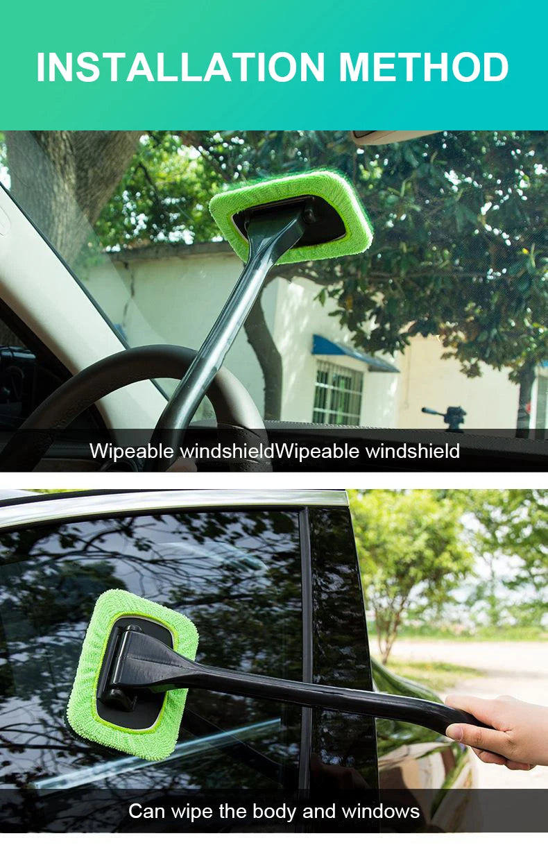 Autofenster-Reinigungsbürsten-Set, Mikrofaser-Windschutzscheiben-Reinigungswerkzeug, Auto-Innenraum-Glaswaschwischer, langer Griff, wiederverwendbares Stoffpolster 