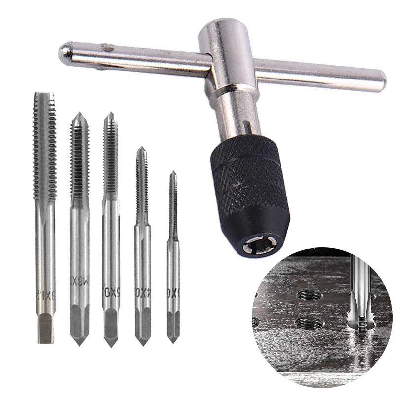 Portable 6pcs T-type Tap Wrench Set Drill Set Hand Tapping Tools Machine Screw Thread Tap Twist Bit M3/M4/M5/M6/M8  DIY Tool