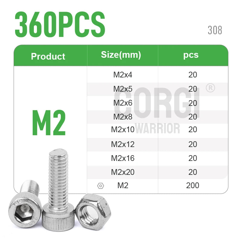 M2 M2.5 M3 M4 M5 M6 Hex Socket Head Cap Set Allen Screw Kit 126-1080P DIN912 304 Stainless Steel Screw Nut Bolt Assortment Set