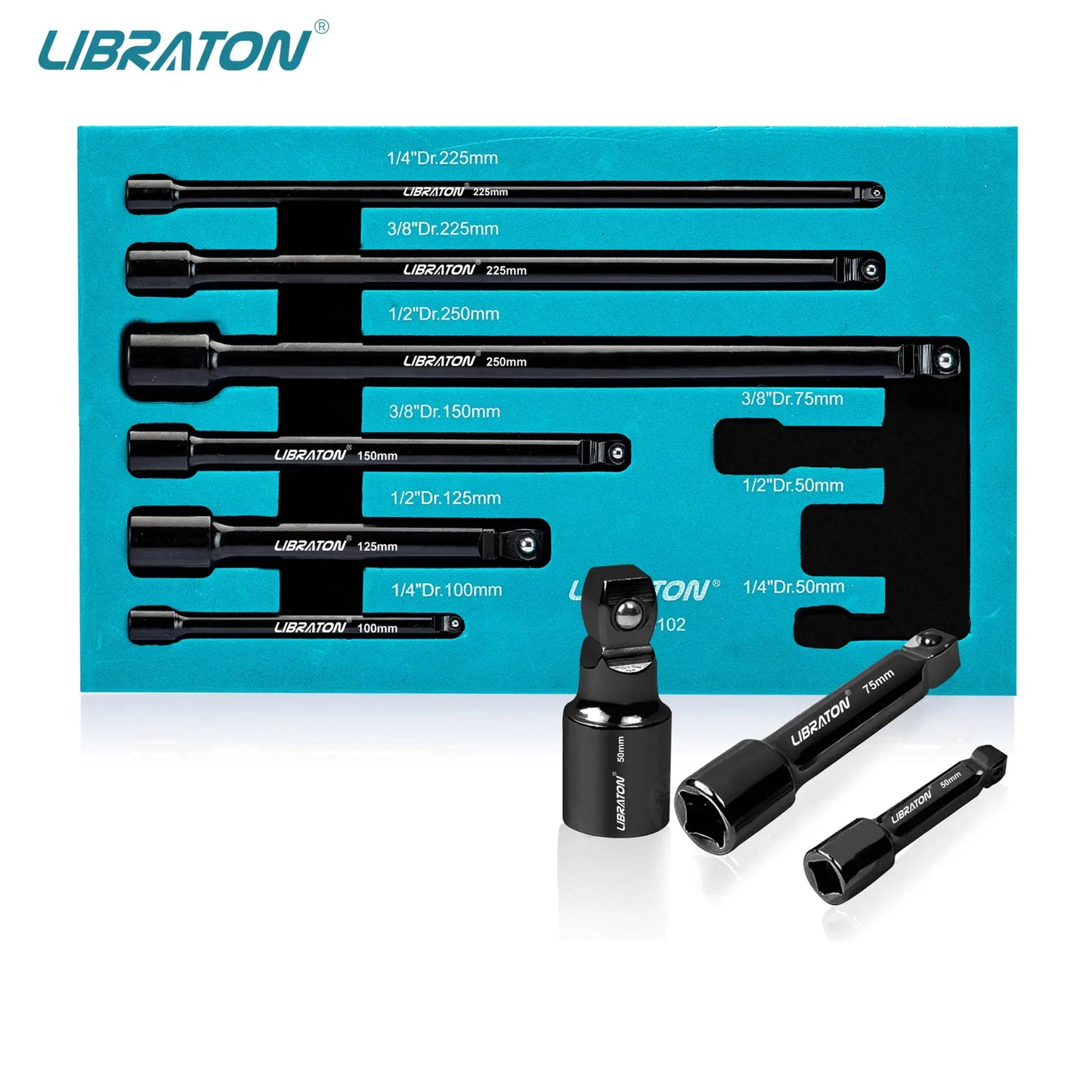 Libraton 9Pcs Wobble Socket Extensions Set, Ratchet Extensions 1/4" 3/8" 1/2", Wobble Extensions, Drive Socket Extension