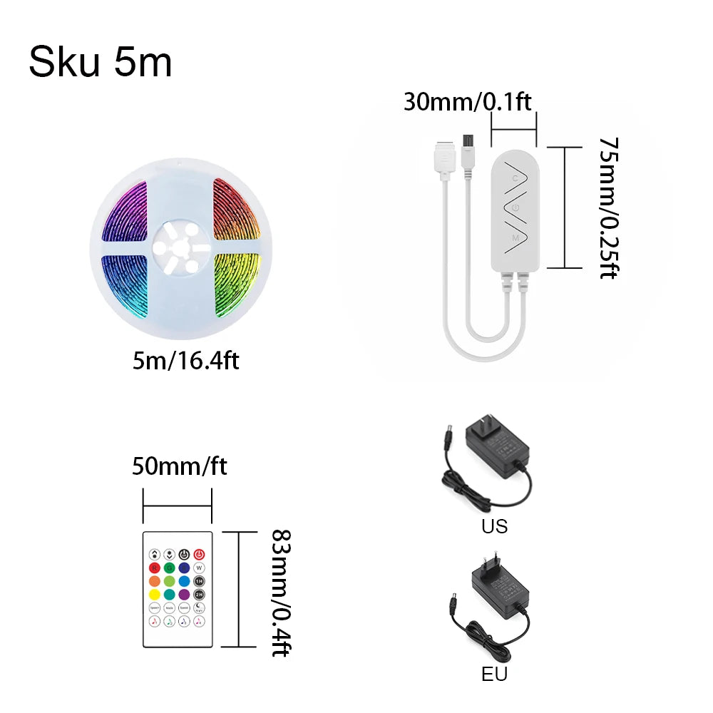 EU-Stecker LED-Lichtstreifen RGB 5050 Musiksynchronisation Farbwechsel APP-Steuerung DC 12V LED-Leuchten Flexibles Lampenband für TV-Hintergrundbeleuchtung 