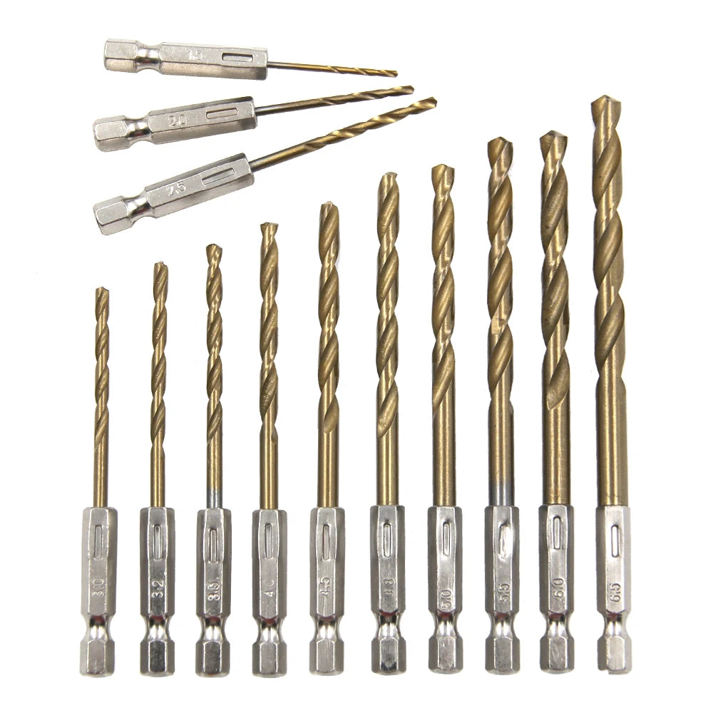 Hexagonal Handle 13pc Titanium Plated Fried Dough Twists Drill 1.5-6.5mm Electric Drill Screwdriver Drilling Reaming Drill Tool