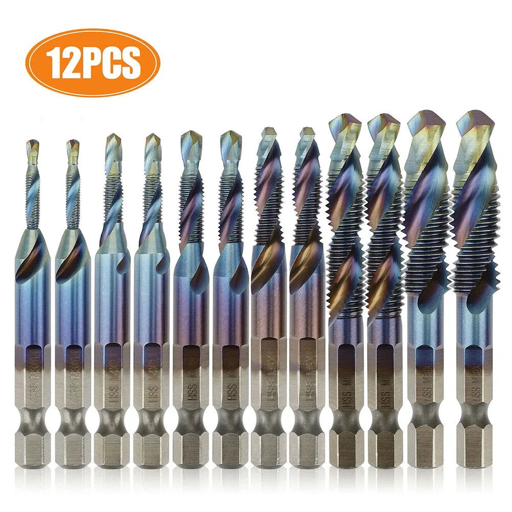 12Pcs HSS 1/4" Hex Shank Titanium Coated Screw Thread Metric Tap Drill Bits Set M5 M6 M8 M10 Combination Bit Hand Tools