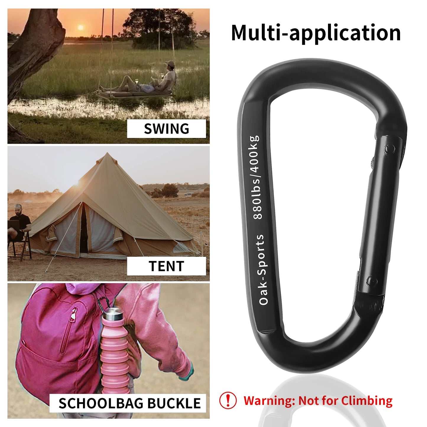 Carabiner Clip, 3" Heavy Duty Small Carabiner for Hammocks, Camping Accessories, Hiking, Keychains, 880 lbs, Black