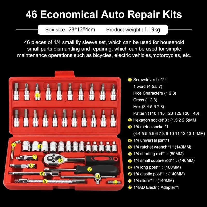 NEW Car Repair Tool Kit 46/53 Piece/Set 1/4-Inch Socket Set Car Repair Tool Ratchet Torque Wrench Combo Auto Repairing Tool Set